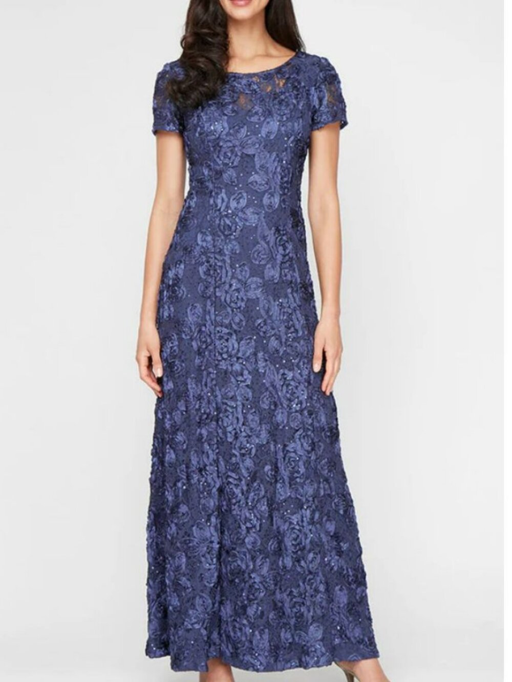Alex Evenings Sequin Floral Lace Ribbon Rosette Round Neck Short Sleeve Gown
